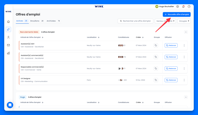 Créer une nouvelle offre d'emploi sur Wink