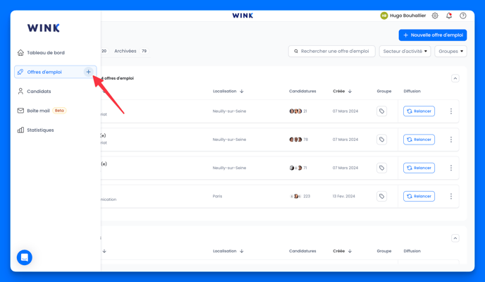Créer une nouvelle offre d'emploi via la barre de navigation latérale