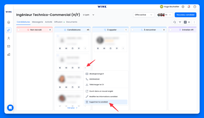 Supprimer un candidat depuis le Kanban