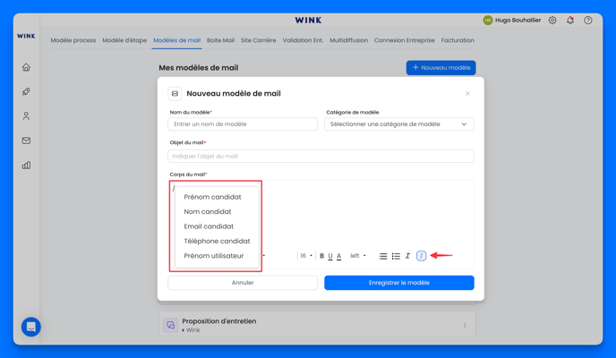 Ajouter des champs dynamiques dans mon modèle de mail sur Wink