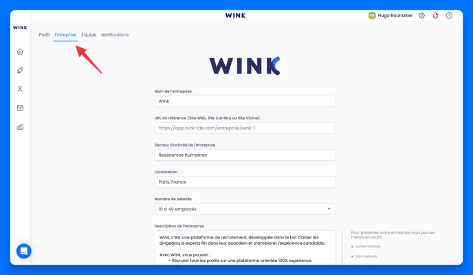 Configurer les informations de mon entreprise via Wink