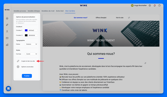 Copier le lien de mon site carrière