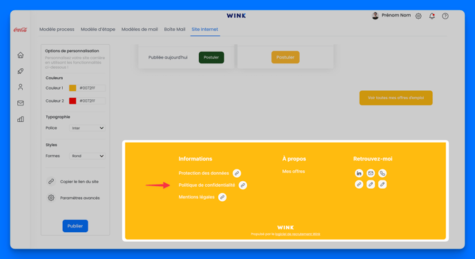 Ajouter le lien vers ma politique de confidentialité et mes mentions légales via Wink